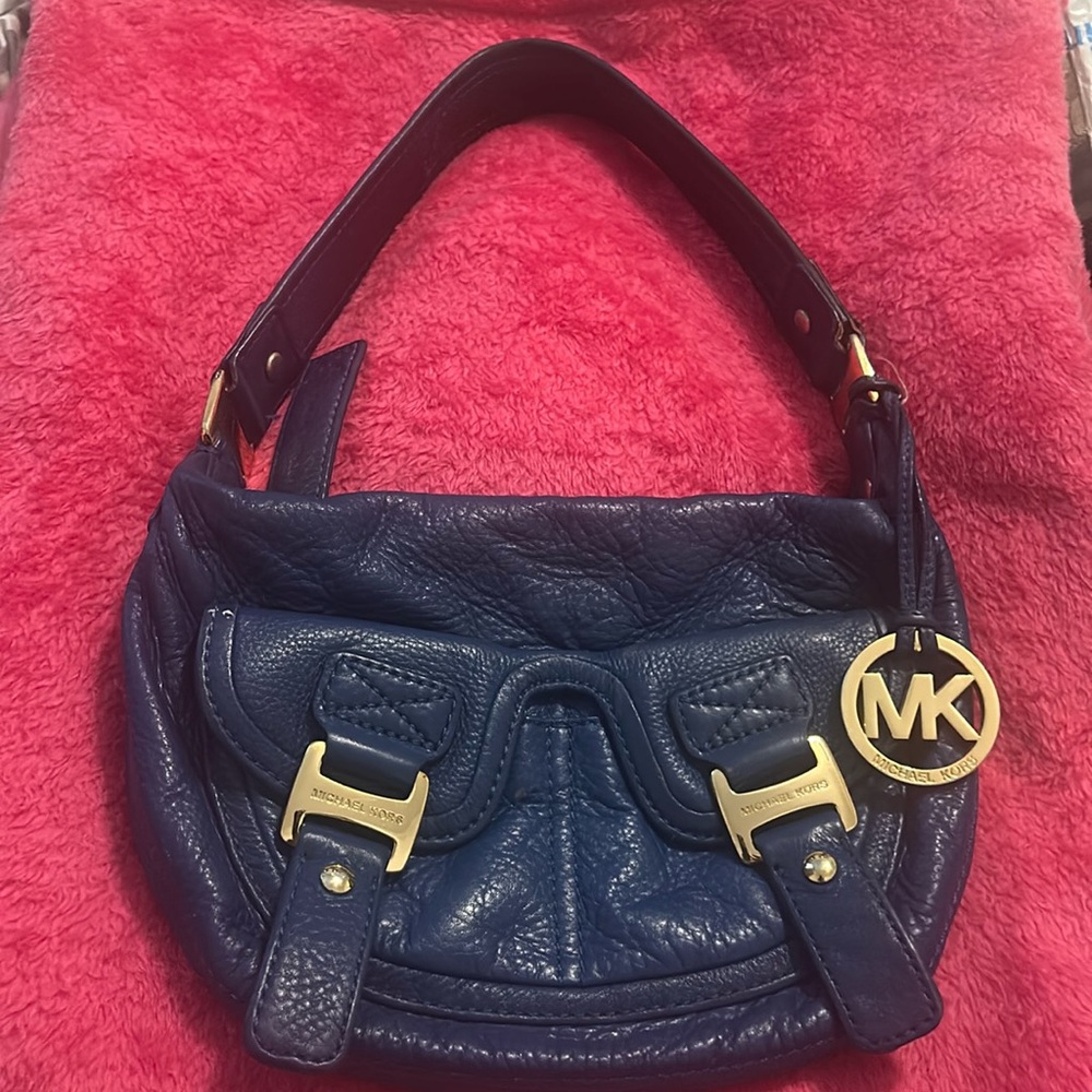 💙 Michael Kors Blue Leather Purse Curved Shoulder Bag